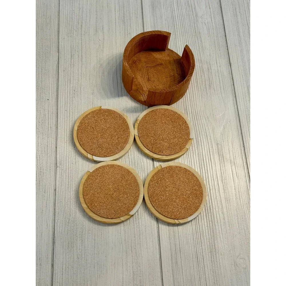 Natural Sandstone Coasters Set of 4 with Wood Holder Cork Backing Tan Stone